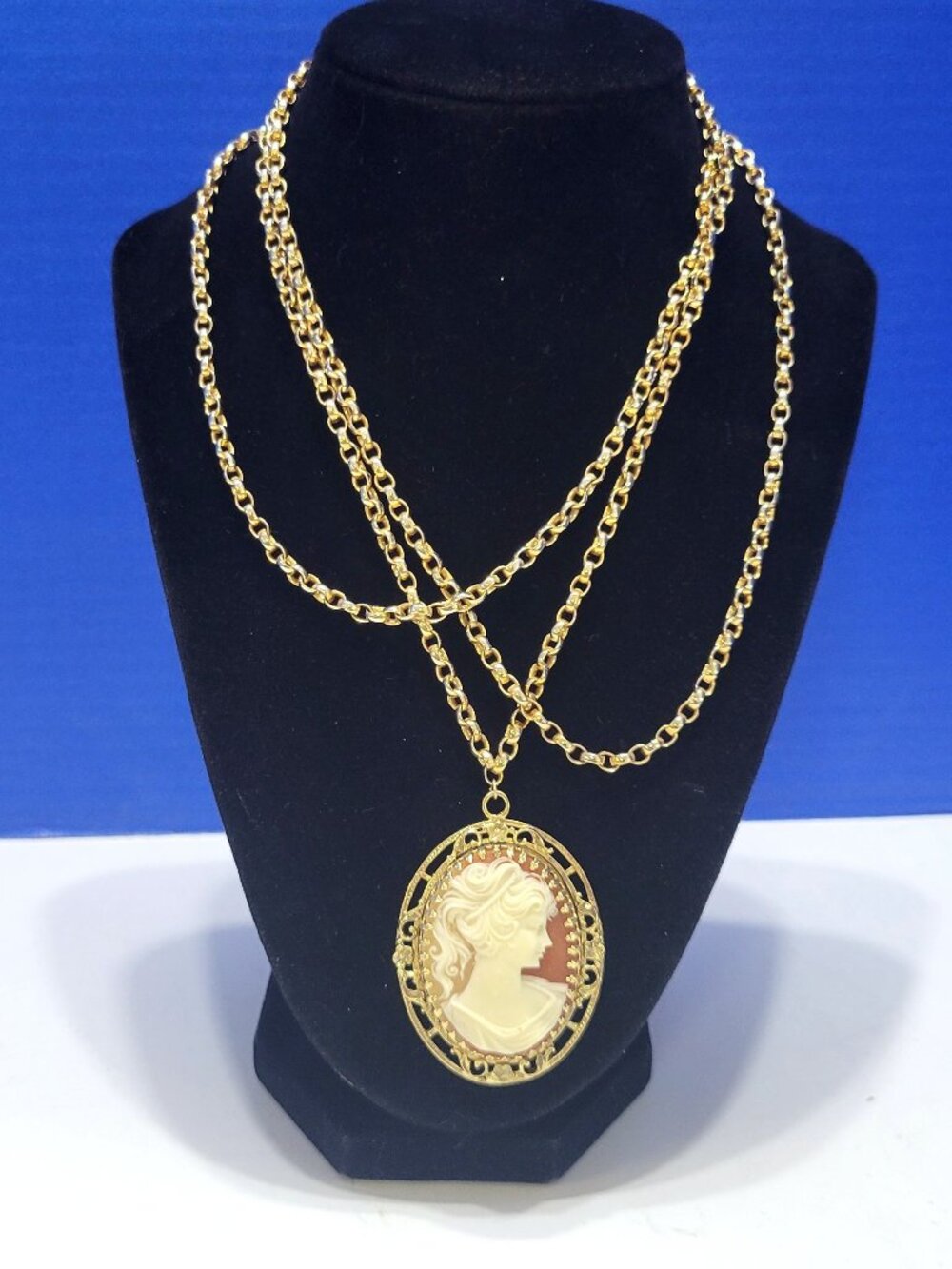 Vintage Victorian Revival Peach and Beige Cameo Necklace on Long Layer Chain